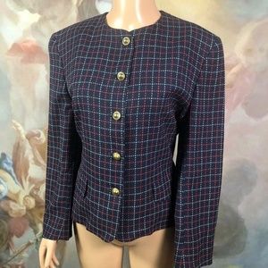 Jaeger Blue And Red Plaid Gold Button Vintage Wool Blazer Coat Jacket Size M